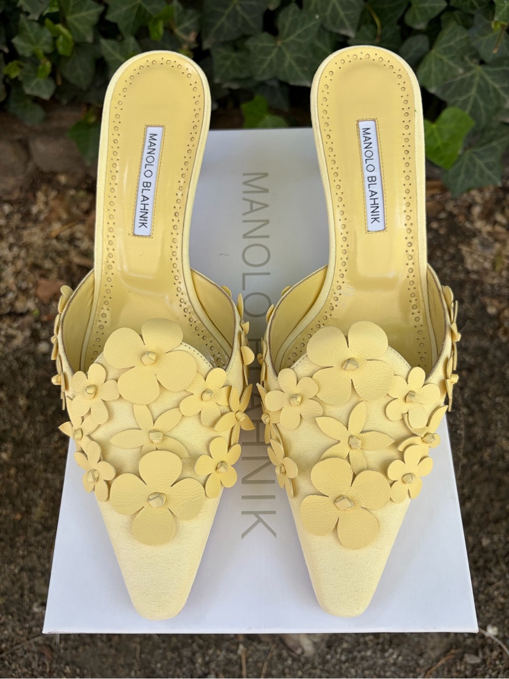 Manolo Blahnik’s Harnes 50 Appliquéd Suede Mules Pastel Yellow Size EU 40 - Picture 5 of 10